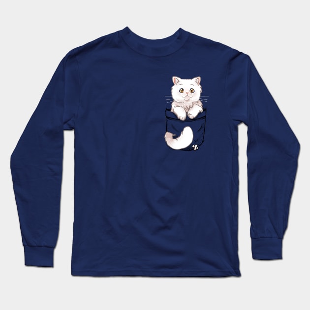 Pocket Cute White Cat Cat Long Sleeve T-Shirt by TechraPockets